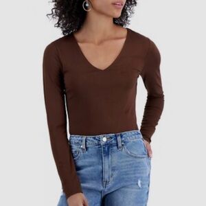 JUST POLLY Juniors' V-Neck Long-Sleeve Bodysuit in Chocolate Brown